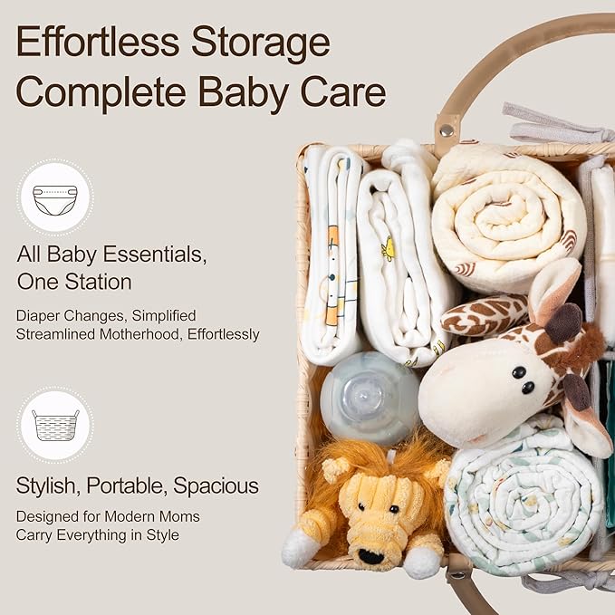 HBlife Large Diaper Caddy Organizer, Washable Waterproof, Portable Plastic Wicker Woven Basket with Divider, Nursery Diaper Station, Baby Shower Gifts Basket & Car Organizer