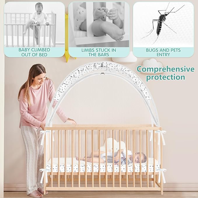 Crib Tent - Crib Net to Keep Baby in, Stop Baby from Climbing Out of Crib, Pop Up Crib Tent with Durable Breathable Net Double Zipper Strong Rods Installation Convenience (Gray Stars & Moons, Large)