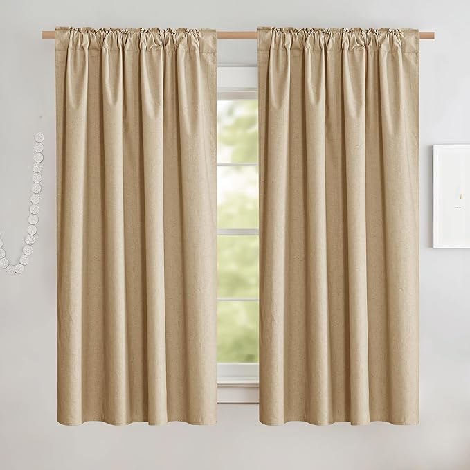 NICETOWN 100% Blackout Linen Curtains with Thermal Insulated White Liner, Camel, 52" Wide by 63" Long, 2 Pieces, Rod Pocket & Back Tab Linen Blend Privacy Window Treatments for Bedroom/Kids' Room