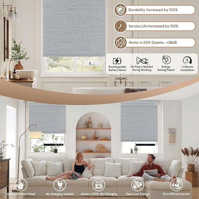Kincmo No Drill Motorized Blinds with Remote, 100% Blackout Roller Shades for Windows, Custom Electric Blinds Compatible with Alexa, Apple Homekit, Google Home (100% Blackout Weave Grey)