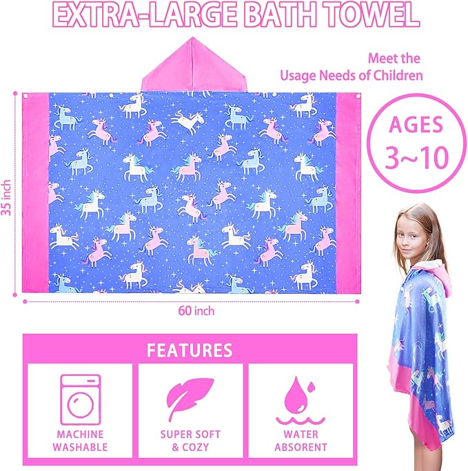 Hooded Beach Towel for Kids - Soft Thick Cotton Starry Sky Unicorn Toddler Hood Bath Towels/Pool Terry Towel Poncho Wrap Absorbent Cute Bath & Swim Wrap for Boys & Girls 3-10 Years - Blue