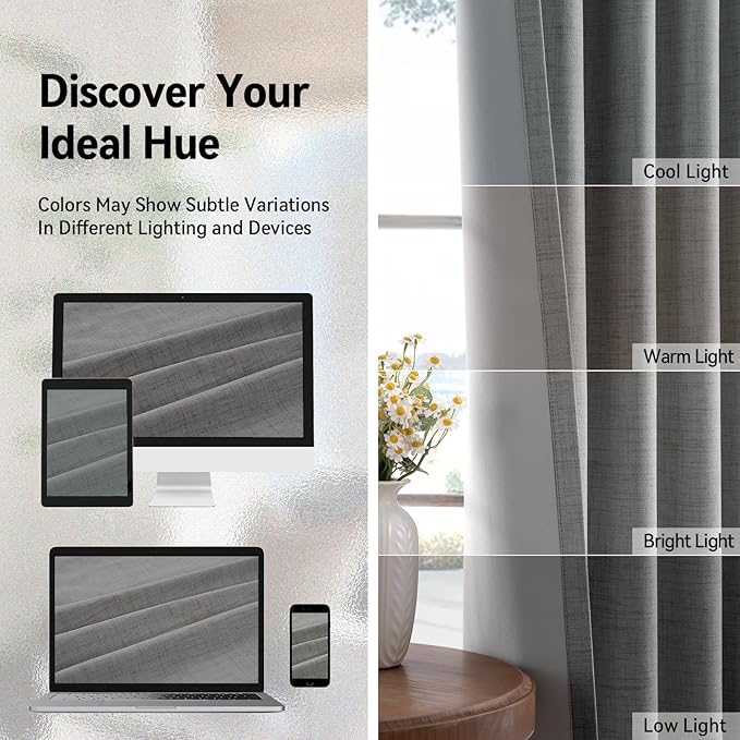 100% Blackout Shield Linen Blackout Curtains for Bedroom, Grey Grommet Curtains for Living Room, Thermal Insulated Room Darkening Drapes for Nursery, Boho Home Decor, 50" W x 96" L, 2 Panels