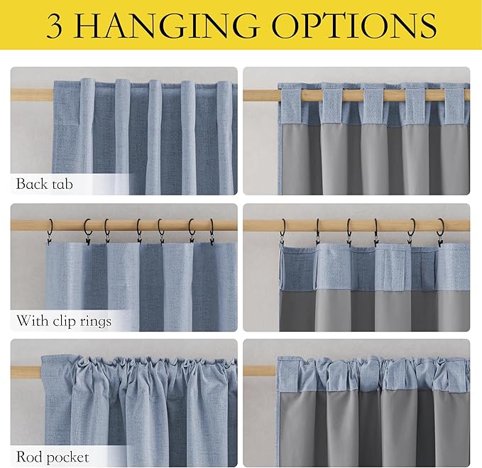 NICETOWN 100% Blackout Linen Curtains for Bedroom, Thick Insulated Rod Pocket & Back Tab Full Light Blocking Draperies with Gray Liner for Night Shift Workers (Set of 2, 52 by 78-inch, Stone Blue)