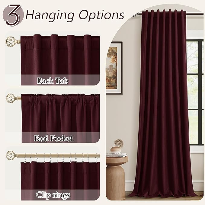 Guken 100% Blackout Curtains 102 Inch Length 2 Panels Set for Living Room Bedroom Back Tab Thermal Insulated Black Out Linen Drapes Room Darkening Window Curtains Burgundy 52x102