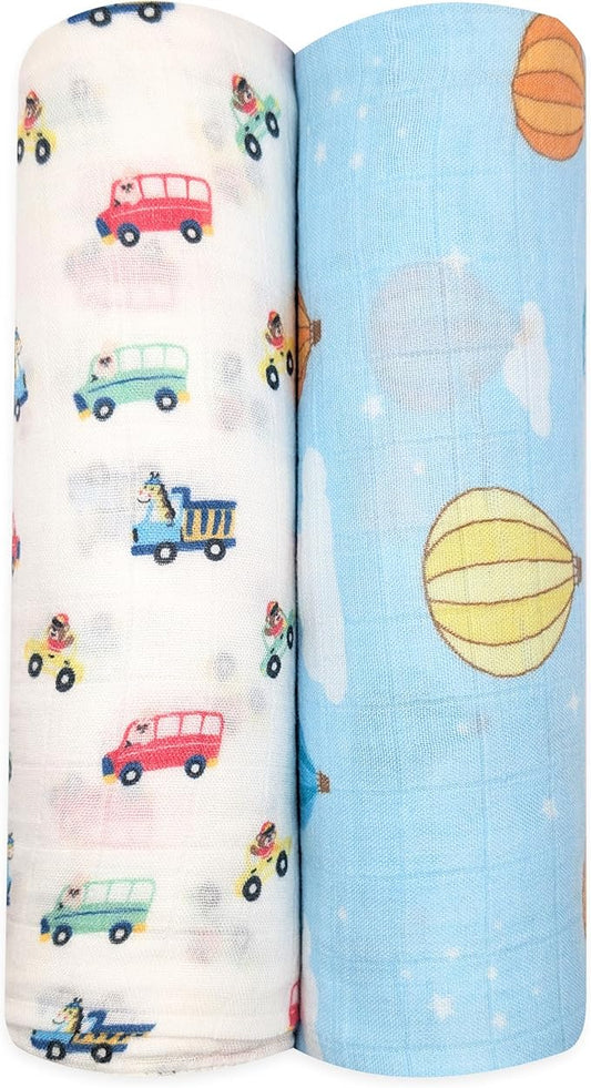 Muslin Swaddle Blankets, Soft Breathable Cozy Baby Blankets for Newborn Boys and Girls, 47” X 47“, 2 Pack Receiving Swaddles, 70% Viscose from Bamboo 30% Cotton (Little Explorers)