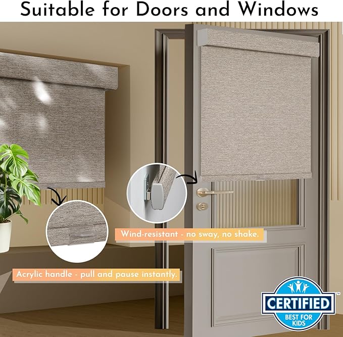 Persilux Blackout Roller Shades for Window Blinds,Cordless,Linen Fabric,Thermal Insulated Fabric UV Protection Shades for Home,Office,Bedroom,Door,Blackout-Light Brown,38" W X 72" H