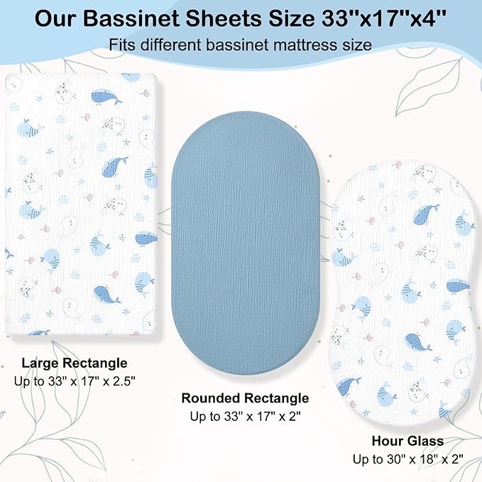 Baby Bassinet Sheets TPU Waterproof 2 Pack Soft Muslin Bedside Bassinet Mattress Sheets with Bottom Elastic Band for Baby Boy Girls Unisex Fit Hourglass Oval and Rectangle, Dusty-Blue