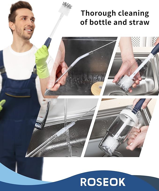 ROSEOK 2 in 1 Long Handle Bottle Brush with Straw Brush for Cleaning Glass, Sports Bottle, Coffee Mug,Navy Blue,1 Pack