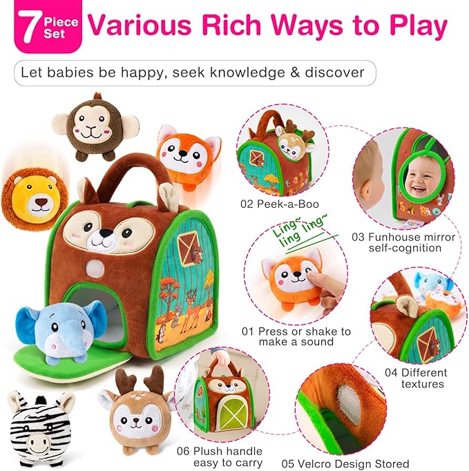 Montessori Sensory Toys for Babies 6-12 Months & Toddlers 1-3 Year Old - Educational Stuffed Animal Set with Rattle, Crinkle & Safe Mirror for Baby Kids & Boy Girl Birthday Gifts
