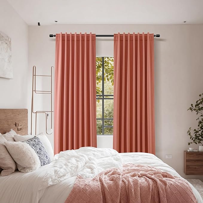 Guken 100% Blackout Curtains 96 Inch Length 2 Panels Set for Living Room Bedroom Back Tab Thermal Insulated Black Out Linen Drapes Room Darkening Coral,52x96