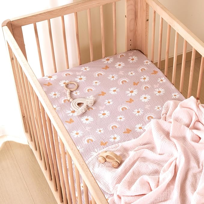 TILLYOU 2 Pack Muslin Crib Sheets for Boys and Girls, 100% Cotton Fitted Crib Sheet for Toddler 52x28 Standard Crib Mattress, Pink Butterfly