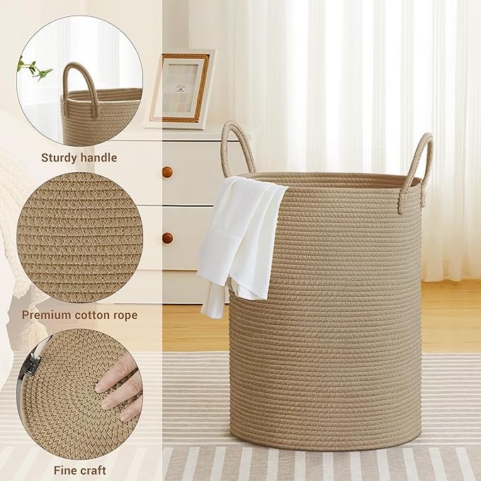 Tall Laundry Basket with Handles, 58L Portable Dirty Clothes Hamper, Boho Cotton Rope Storage Bin for Blankets Kids Toys Gifts, Decorative Organizer for Baby Nursery Bedroom Bathroom, Jute