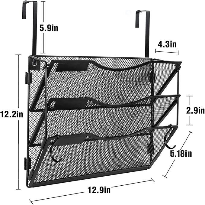 Wall File Organizer 3 Pockets, Mail Organizer, Hanging Folder Holder, Foldable | Hanging or Wall Mounted | Label Panel | 2 Hooks | Office Home School Organizer, Black
