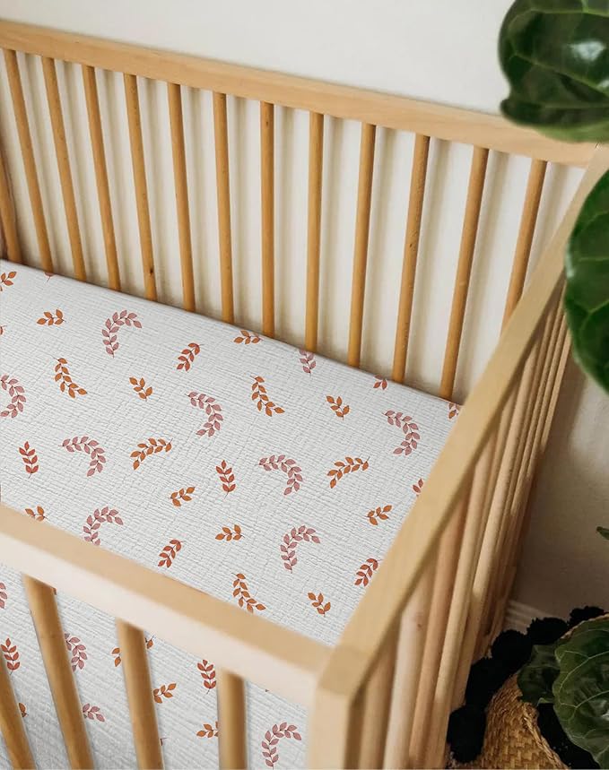Pack and Play Sheets for Baby Boys and Girls 39"x27"x3", Neutral Muslin Cotton Pack N Play Mattresses Sheet with Boho Style, Soft and Breathable Comfort (Leaf)