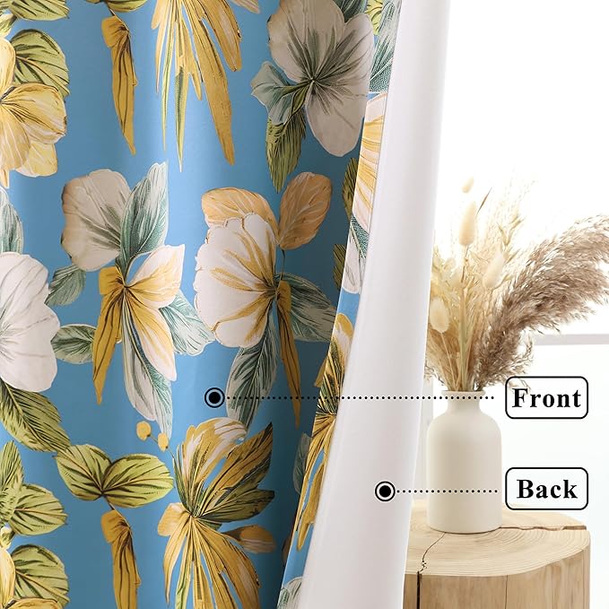 L.Z.E Blue Floral Curtains for Bedroom Sky Blue Yellow Vintage Blackout Curtains 108 Inch Long 85% Room Darkening Drapes for Living Room Thermal Grommet Top 2 Panels Set Retro Extra Long