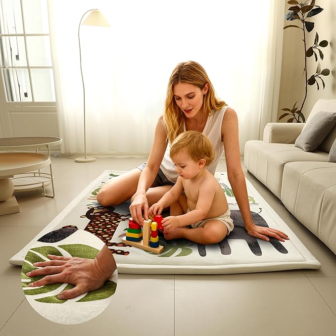 Animals Baby PlayMat Rug Extra Thick 3.5CM | Cloudsoft Coral Velvet Crawl Memory Foam Floor Mat | Anti-Spill | Anti-Slip | Toddlers Infants Kids Children | 60"x80" | Tummy Time | Padded Yoga Rug