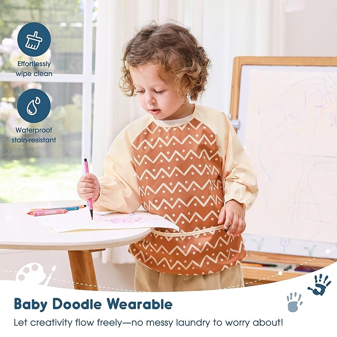 GRSSDER 2 Pack Long Sleeve Baby Feeding Bibs, Super Soft Lightweight Waterproof Coverall Baby Led Weaning Bib with Large Food Catcher Pocket, Adjustable and Easy Clean for 6-30 Months