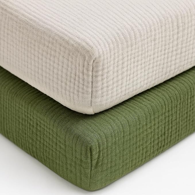 PET REJOIR Muslin Fitted Crib Sheets for Girls & Boys-2 Pack 28"x 52" Soft Baby Mattress Sheet-No Slip Boho Neutral Breathable Toddler Cotton Bedding Olive Green & Beige
