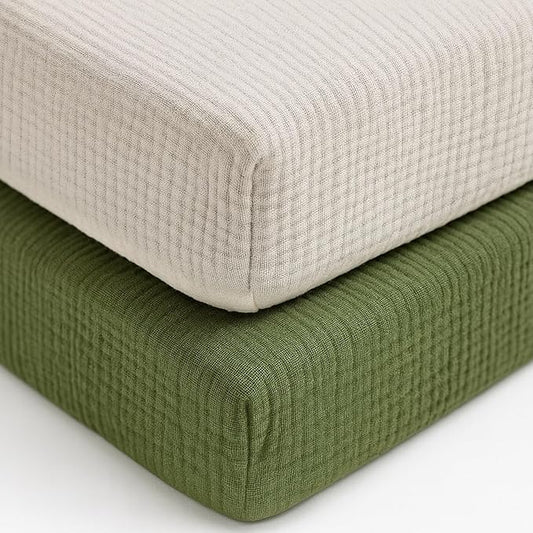 PET REJOIR Muslin Fitted Crib Sheets for Girls & Boys-2 Pack 28"x 52" Soft Baby Mattress Sheet-No Slip Boho Neutral Breathable Toddler Cotton Bedding Olive Green & Beige