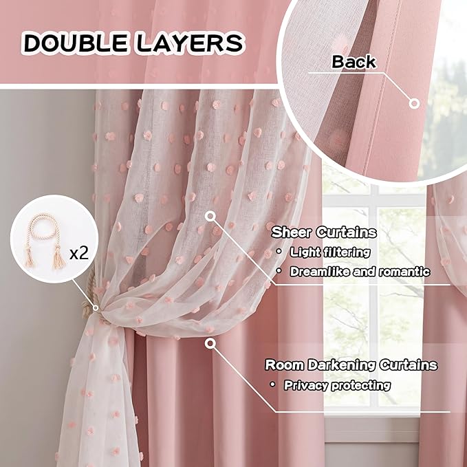MYSKY HOME 90 Inches Long Curtains with Pink Pom Pom Sheer Nursery Curtain Girl Blackout Drapes for Kids Bedroom Double Layer Room Darkening Window Panels for Toddler Grommet, Pink, 52" Wide, 2 Pieces
