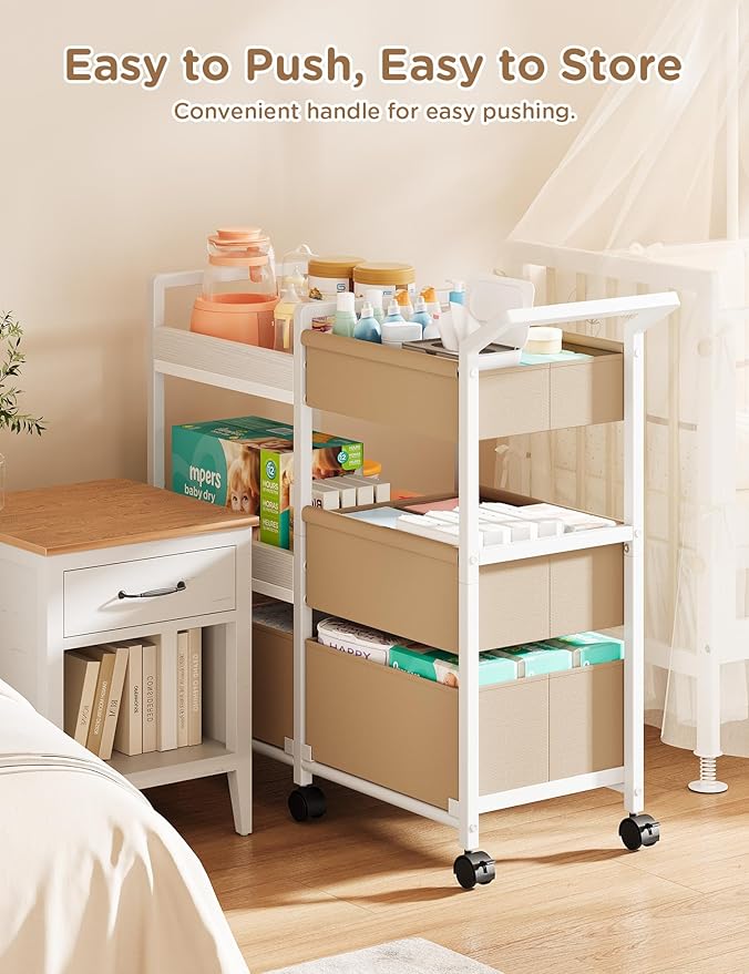 Baby Diaper Caddy Organizer, 3 Tier Rolling Storage Cart with Dividers and Drawers, Bedside Utility Cart for Nursery Essentials, Large Capacity Mobile Storage Cart for Crib, Bedroom