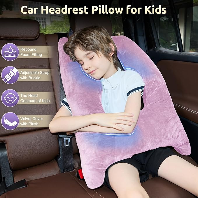 Car Pillow for Kids, Travel Pillow with Adjustable Strap, Kids Floor Pillows Cushions for Adults and Children to Support Head and Body Road Trip Essentials (Purple)