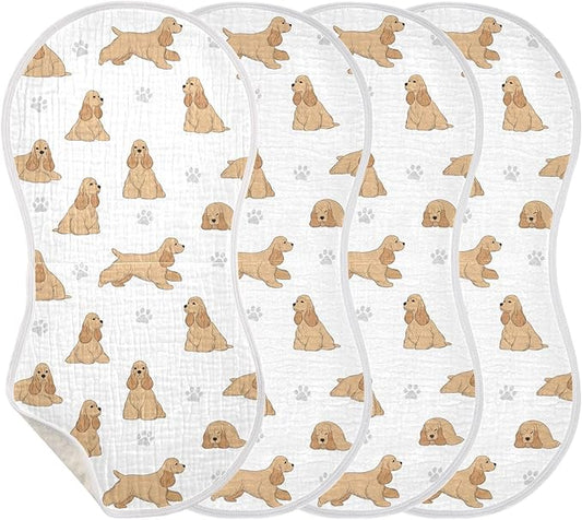 Qinllo 4 Pack Muslin Burp Cloths American Cocker Dog White Cotton Baby Burp Cloths Ultra Absorbent Burping Cloth Soft Spit Up Rags for Newborn Babies Boys Girls 22x11 Inch