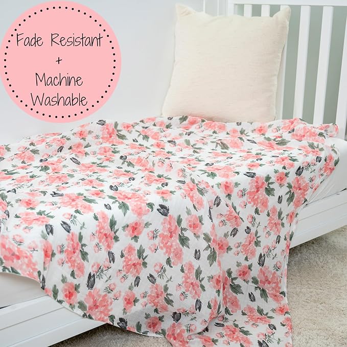 LollyBanks Muslin Swaddle Blankets for Girls, Large 47 x 47 Inches Soft Swaddles for Newborns, 100% Cotton Breathable and Lightweight Baby Blanket, Baby Essentials, Registry (Pink Peony Print)