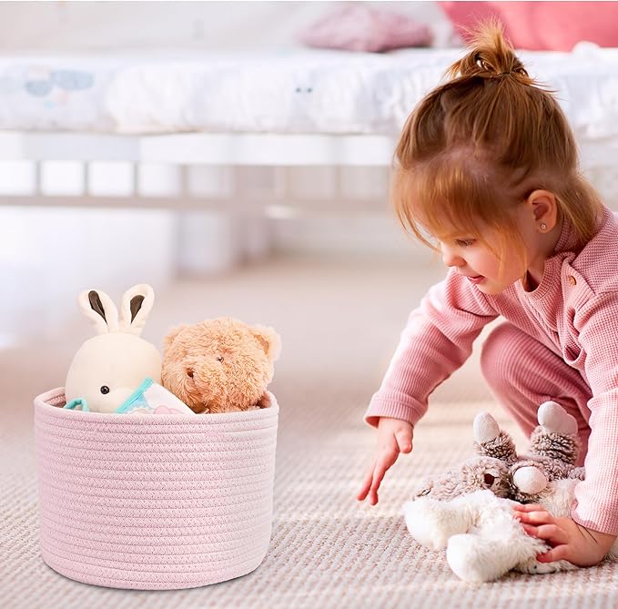 Woven Cotton Rope Storage Baskets - 3-Pack Round Bins (10x10x7'') for Shelves, Closets & Bookcases | Durable Rope Organizers for Nursery, Baby, Toys, Easter & More (pink)