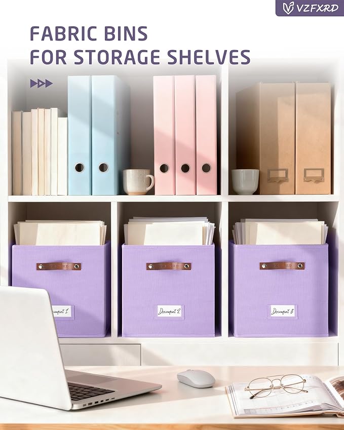 10.5 Inch Storage Cubes with Labels, 6-Pack Non-Woven Fabric Bins with Handles, Foldable Organizer for Closet, Shelf, Bedroom, Nursery & Home Organization (Purple)