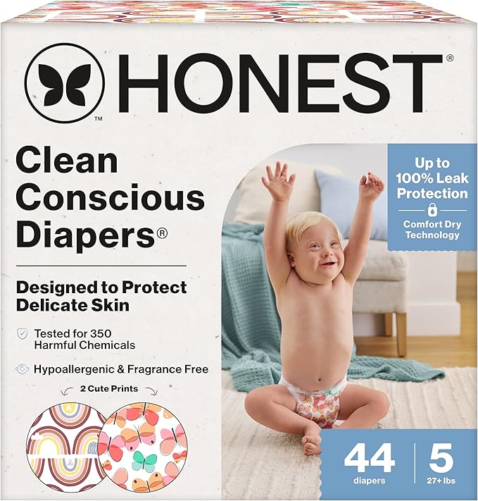The Honest Company Comfort Dry Disposable Diapers for Sensitive Skin, Hypoallergenic, Fragrance-Free, Wingin' It + Catching Rainbows, Club Box Size 5 (27 lbs), 44 Count