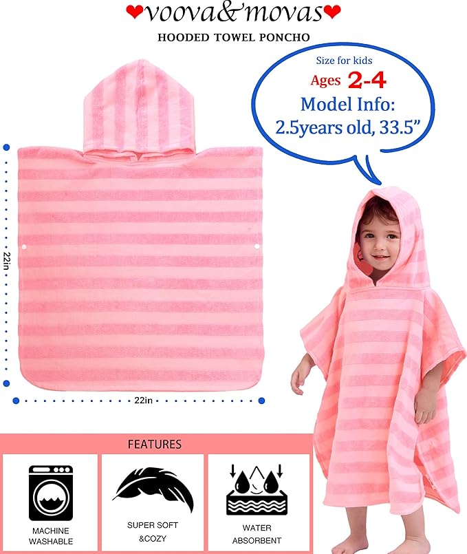 Toddler Bath Towels with Hood, Oversized (2-4Years,22"X22") Made from 100% Soft Cotton,Absorbent Hooded Poncho Towel for Baby Girl,Perfect for Pool | Swimming | Bath | Beach,Jacquard Pink Stripe