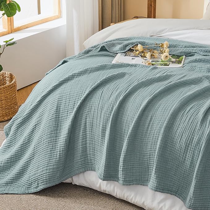 EMME Cotton Muslin Throw Blanket Couch Breathable Gauze Blanket Soft Lightweight Adults (Heather Teal, 50"x60")