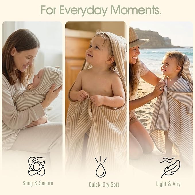 Ultra-Soft Muslin Toddler Hooded Towel – 55 x 28 Inches, Made with Organic Cotton, Gender-Neutral Warm Brown Striped Jacquard Pattern, Ideal for Bath & Beach, Newborn to Toddler