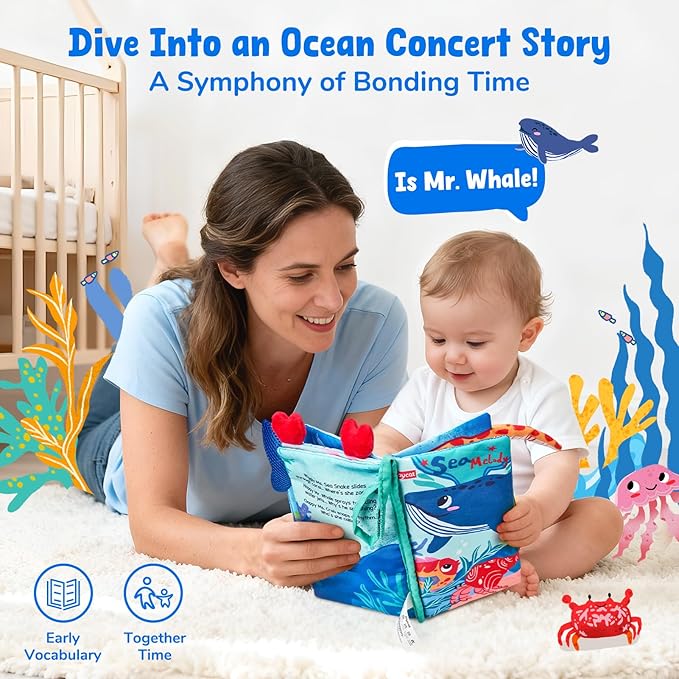 JoyCat Baby Books 0-6-12 Months - Ocean Tummy Time Toys Mirror - Montessori Sensory Activity Cloth Book with 3D Crab & Fish - Newborn Valentine Easter Basket Stuffers