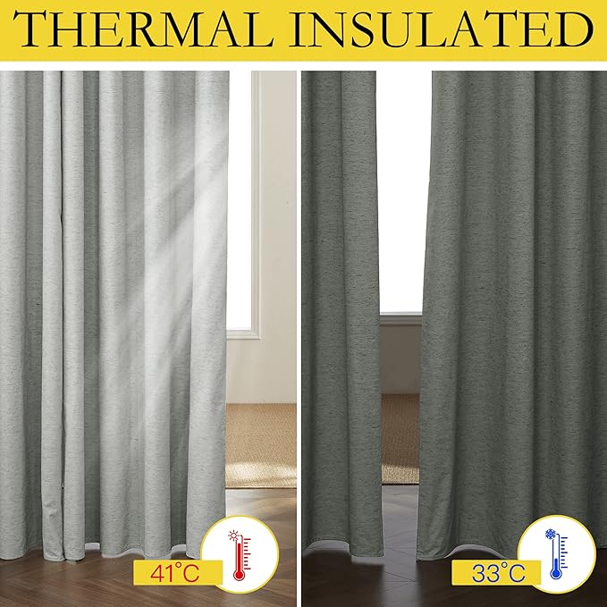 NICETOWN Grey Long Linen Full Shade Panels, Pair of Thermal Insulated & Energy Efficiency Blackout Curtains for Living Room Windows, Lined Silky Performance Window Dressing (52" Wide x 95" Long)