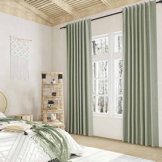 Sage Green 100% Blackout Curtains 108 Inch Length 2 Panels Set for Living Room Bedroom Back Tab Thermal Insulated Black Out Linen Drapes Room Darkening Window Curtains 52x108