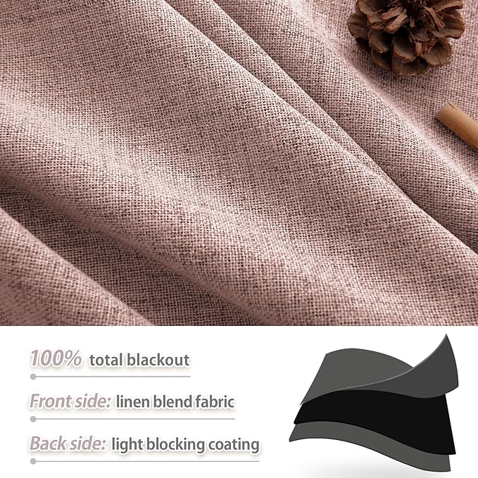 Blush Pink Linen Blackout Curtains 102 Inch Length 2 Panels Set for Living Room Babies Bedroom Back Tab Thermal Insulated 100% Black Out Linen Drapes Room Darkening Window Curtains 102 Inches Long