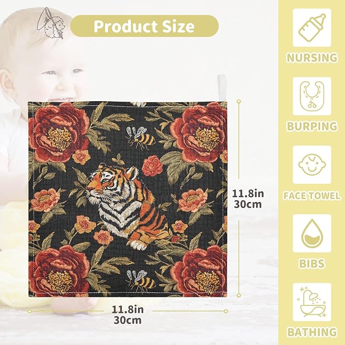 vvfelixl Tiger Bee Flower Baby Burp Cloths Baby Muslin Washcloths for Boys Girls Cotton Babys Face Towel for Newborn Infants Soft and Absorbent 11.8 X 11.8 in, 5 Pack