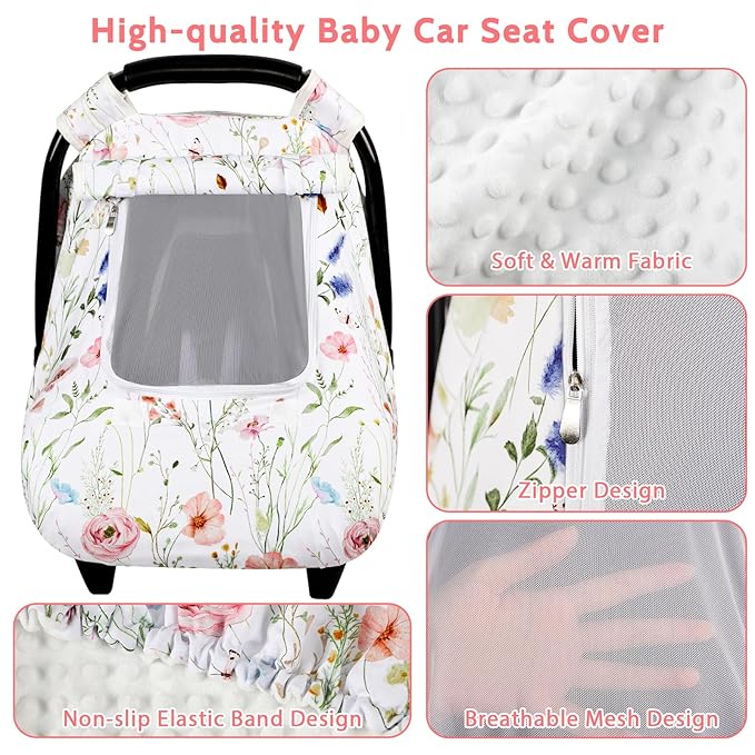 Car Seat Cover Baby, Anti-Kick Carseat Covers Baby Girl, Warm Minky Infant Car Seat Canopy with Mesh Window, Multi-Use Cover Protecting Baby from Wind, Sun, Strangers, White Flowers