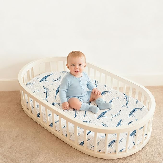 Muslin Bassinet Fitted Sheets, 2 Pack for Baby Boy and Girl, Soft Breathable Baby Pad/Mattress Sheet, Fit for Hourglass Oval and Rectangle Bassinet Mattress (Blue Whale)