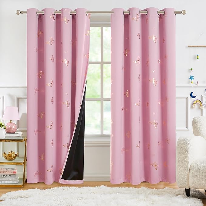 Jubilantex Pink Gold Butterfly Blackout Curtains 84Inches Long for Bedroom Kids Bedroom Nursery Floral Print Window Curtains with Black Layer,Grommet Top 2 Panels