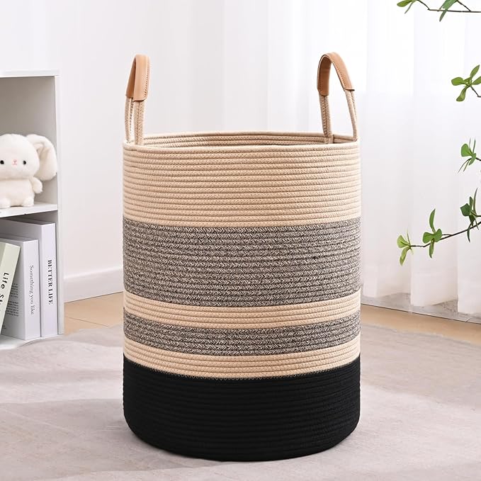 90L Striped Laundry Basket, Brown & Black Laundry Hamper with Leather Handles, Woven Cotton Rope Storage Bin for Blankets, Nursery Hamper for Clothes, Toys In Bathroom, Livingroom, Bedroom