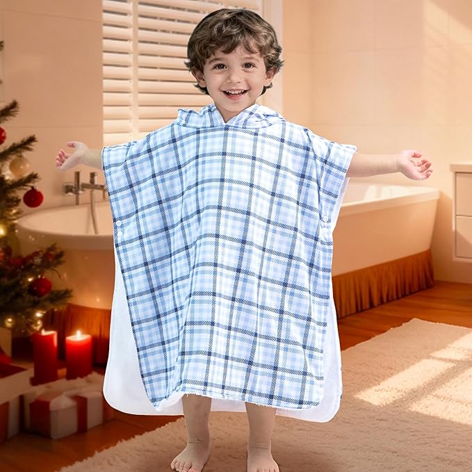 VOOVA & MOVAS Double-Layered Baby Hooded Towel Poncho (2-4 Years, 20x21 Inches) | Ultra Soft & Absorbent Cotton | Thick Toddler Bath Towel for Swimming, Beach, Shower & Winter,Blue Check