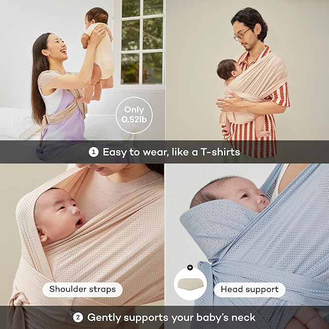 Konny Baby Carrier Flex AirMesh with Head Support - Adjustable, Easy to Wear, Hands-Free Breathable Baby Wrap Sling, Perfect for Newborn Babies Essentials up to 44 lbs (XS-XL) - Pale Pink