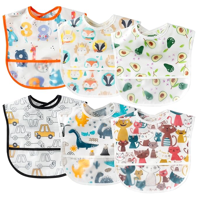 2ooya 6 Pcs Baby Feeding Bibs Toddler Waterproof Bib Set with Crumb Catcher Pocket Infant Adjustable Baby Teething Bib Babies Food Bibs Keepsake Gift for Baby Shower Christmas New Year, 6-12 Months
