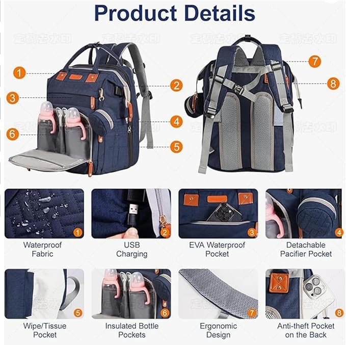 Baby Diaper Bag with Changing Station, Waterproof Diaper Bag Backpack for Mom/Dad, Baby Shower Gifts, w/USB Charging Port, Insulated Bottle Holders & Pacifier Case, XL Storage Backpack, Blue
