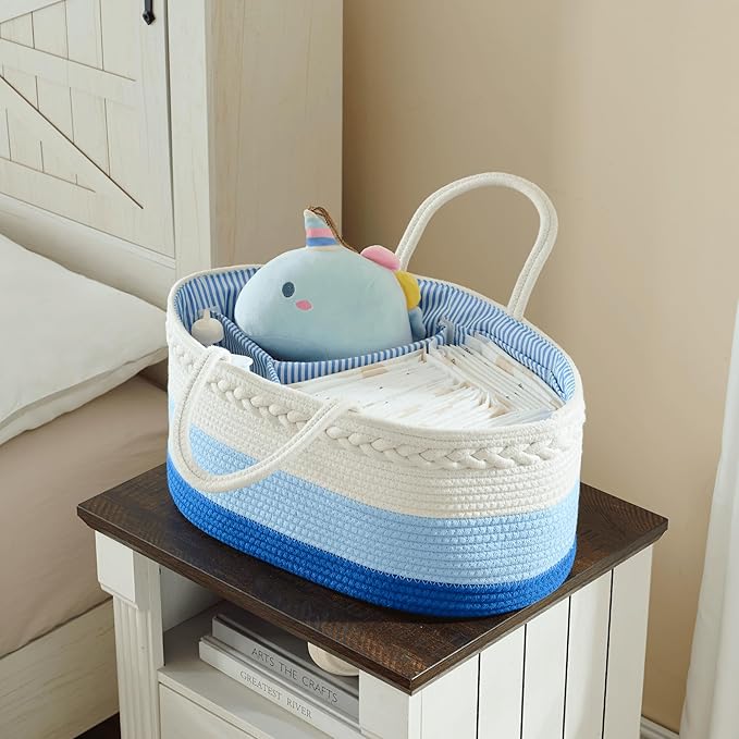 luxury little Diaper Caddy Organizer, Large Cotton Rope Nursery Baby Basket, Changing Table Organizer for Baby Diaper Storage, Portable Car Organizer Removable Divider (Blue, Extra Large)