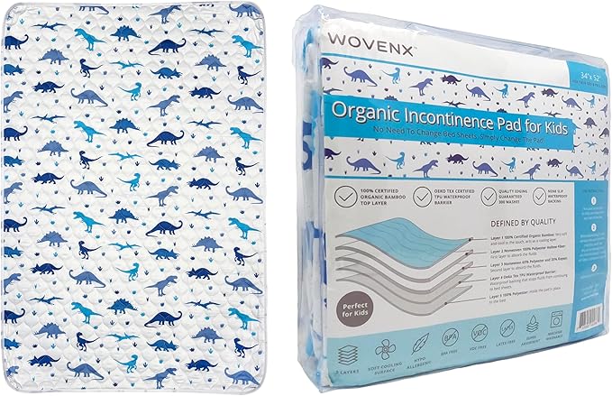 WOVENX Organic Incontinence Pads for Kids & Toddlers - 5 Layer Waterproof Protectors for Overnight Bed Wetting - Reusable & Washable Pee Pads - Fits Twin to Full Size Beds - 34" x 52" Dinosaur