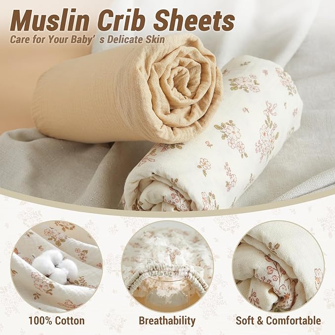 Heavyweight Muslin Baby Crib Sheets - 2PCS 52"x28" Neutral Fitted Crib Sheets for Boys Girls, Breathable Soft 100% Organic Cotton Standard Baby Mattress Sheet (Nature, Coffee)